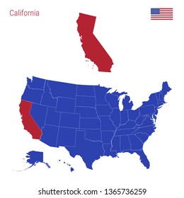 The State of California is Highlighted in Red. Blue Vector Map of the United States Divided into Separate States. Map of the USA Split into Individual States.