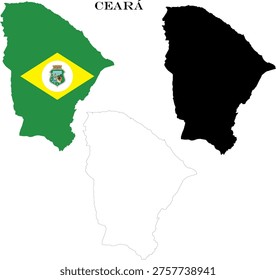 State of Ceara Map Bundle with Flag, Black Silhouette and Detailed Outline Contours