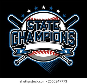 state champions in baseball team design with ball and banner for school, college or league sports