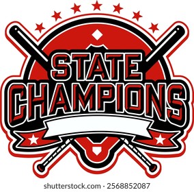 state champions in baseball team design with diamond and banner for school, college or league sports