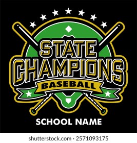 state champions in baseball team design with diamond and banner for school, college or league sports