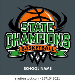 state champions in basketball team design with ball and banner for school, college or league sports