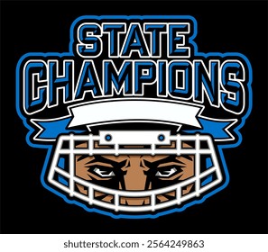 state champions in football team design with face mask and banner for school, college or league sports