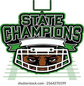 state champions in football team design with face mask and banner for school, college or league sports