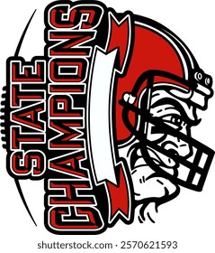 state champions in football team design with laces, face mask and banner for school, college or league sports