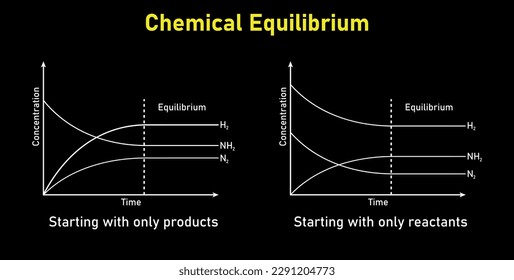 State of chemical equilibrium in reaction. Time concentration graph. Vector illustration isolated on black background.