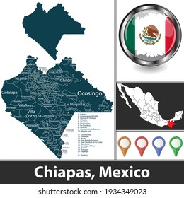 State of Chiapas with municipalities and location on Mexican map. Vector image