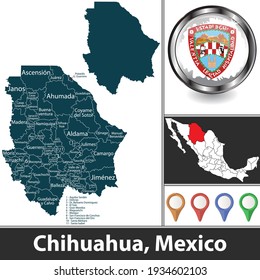 State of Chihuahua with municipalities and location on Mexican map. Vector image