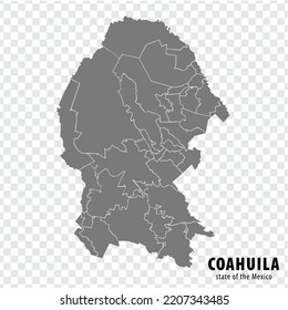 State Coahuila of Mexico map on transparent background. Blank map of  Coahuila with  regions in gray for your web site design, logo, app, UI. Mexico. EPS10.