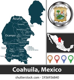 State of Coahuila with municipalities and location on Mexican map. Vector image