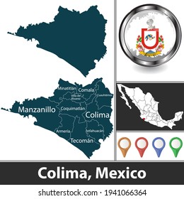 Estado de Colima con municipios y ubicación en el mapa mexicano. Imagen del vector