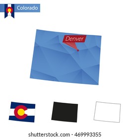 State of Colorado blue Low Poly map with capital Denver, versions with flag, black and outline. Vector Illustration.