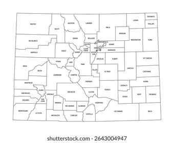 Estado do Colorado, subdividido em 64 condados, delineia o mapa com os nomes e limites dos condados. Estado na sub-região Mountain West dos Estados Unidos, apelidado de Estado Centenário. Vetor isolado