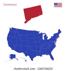 The State of Connecticut is Highlighted in Red. Blue Vector Map of the United States Divided into Separate States. Map of the USA Split into Individual States.