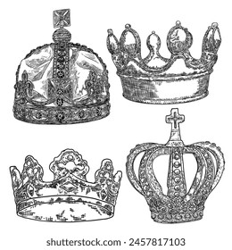 State Crown set, made of gold and precious stones such as diamonds sapphires emeralds and pearls and rubies. Imperial State Crowns used during the Coronation service and declaration of the King.