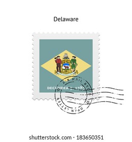 State of Delaware flag postage stamp on white background. Vector illustration.