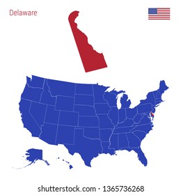 The State of Delaware is Highlighted in Red. Blue Vector Map of the United States Divided into Separate States. Map of the USA Split into Individual States.
