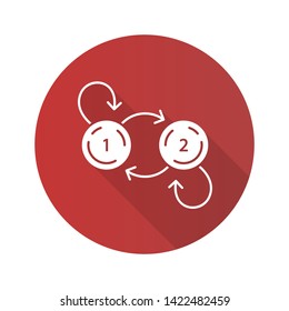 State diagram flat design long shadow glyph icon. System behavior. Object two states in response to external stimuli. Data processing. Information technology. Vector silhouette illustration