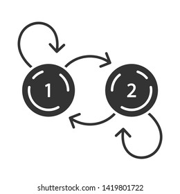 State diagram glyph icon. System behavior. Object two states. Computer science. Data processing. Information technology. Silhouette symbol. Negative space. Vector isolated illustration
