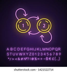State diagram neon light icon. System behavior. Object two states. Computer science, technology. Data processing. Glowing sign with alphabet, numbers and symbols. Vector isolated illustration