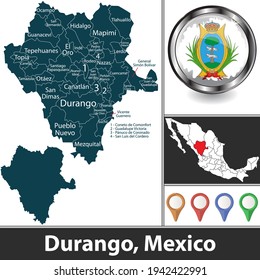 State of Durango with municipalities and location on Mexican map. Vector image