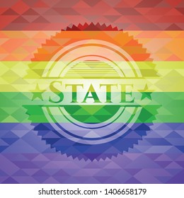 State emblem on mosaic background with the colors of the LGBT flag