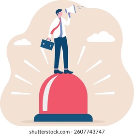 state of emergency declaration, provide emergency information to others as a precaution, warning about danger concept, businessman with megaphone giving instructions about current state of emergency

