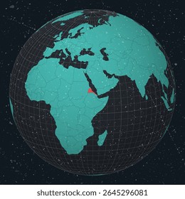 State of Eritrea on Globe. Vintage look with grunge scratched texture. Country view on world map in Dark Charcoal Turquoise color palette. Eritrea shape on map. Globe with meridians and parallels.