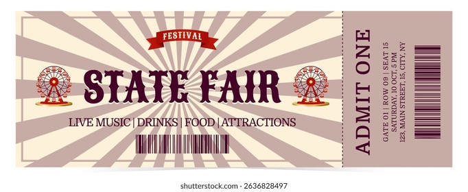 State fair festival ticket in retro style. Flat vector illustration on white background