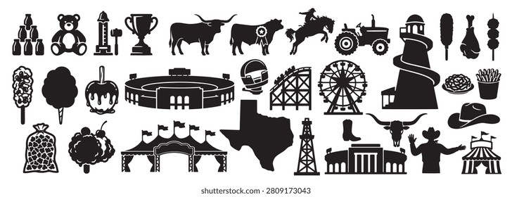 State Fair of Texas Vector Silhouette Mega Bundle - Country Rodeo Festival Icon Pack - Texas State Fair Midway Rides Template Collection

If you are working on a creative project for the upcoming festival season, this collection of high-quality silhouettes is exactly what you need. We have put together a massive variety of classic country graphics, featuring everything that makes the state fair of texas so iconic. Inside this kit, will find clean black vector shapes of traditional carnival tents, ferris wheels, fast roller coasters, rodeo cowboys riding bucking bulls, local farm tractors, and oil derrick symbols alongside popular midway festival food favorites.

Every single path in this graphic set has been meticulously cleaned up to ensure  do not run into any annoying node errors or messy overlapping lines when loading it into your design software. Whether you are running a print on demand apparel line, creating custom vinyl stickers for trucks, or designing classic invitation flyers for a community country fair, these shapes are fully optimized to give you a smooth, professional result every time.