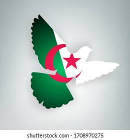 State flag of Algeria (People's Democratic Republic of Algeria) in the shape of a bird. Flying dove flaps its wings on a gray background. Symbol of love and peace concept. Vector illustration
