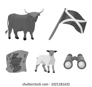 The state flag of Andreev, Scotland, the bull, the sheep, the map of Scotland. Scotland set collection icons in monochrome style vector symbol stock illustration web.