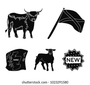 The state flag of Andreev, Scotland, the bull, the sheep, the map of Scotland. Scotland set collection icons in black style vector symbol stock illustration web.