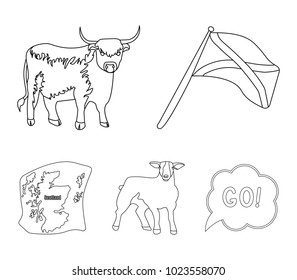 The state flag of Andreev, Scotland, the bull, the sheep, the map of Scotland. Scotland set collection icons in outline style vector symbol stock illustration web.