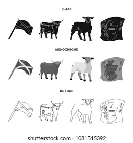 The state flag of Andreev, Scotland, the bull, the sheep, the map of Scotland. Scotland set collection icons in black,monochrome,outline style vector symbol stock illustration web.