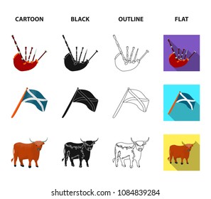 The state flag of Andreev, Scotland, the bull, the sheep, the map of Scotland. Scotland set collection icons in cartoon,black,outline,flat style vector symbol stock illustration web.