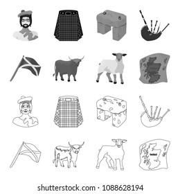 The state flag of Andreev, Scotland, the bull, the sheep, the map of Scotland. Scotland set collection icons in outline,monochrome style vector symbol stock illustration web.