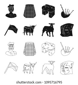 The state flag of Andreev, Scotland, the bull, the sheep, the map of Scotland. Scotland set collection icons in black,outline style vector symbol stock illustration web.