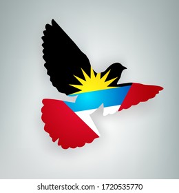 Staatsflagge von Antigua und Barbuda in Form eines Vogels. Flüchtige Taube flattert ihre Flügel auf grauem Hintergrund. Symbol der Liebe und Frieden Vektorkonzept. Holyday-Design-Poster, Banner, Karte