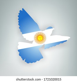 State flag of Argentina (Argentine Republic) in the shape of a bird. Flying dove flaps its wings on a gray background. Symbol of love and peace vector concept. Holyday design poster, banner, card