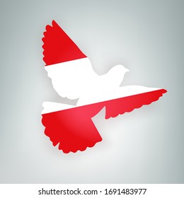 State flag of Austria (Republic of Austria) in the shape of a bird. Flying dove flaps its wings on a gray background. Symbol of love and peace concept. Vector illustration