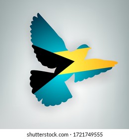 Bandera estatal de las Bahamas (Commonwealth de las Bahamas) en forma de pájaro. La paloma voladora aleta sus alas sobre un fondo gris. Símbolo del concepto de vectores de amor y paz. Pancarta de diseño de Holyday
