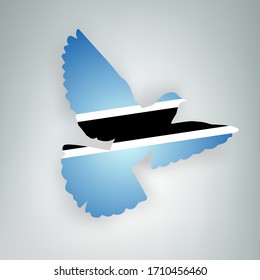 State flag of Botswana (Republic of Botswana) in the shape of a bird. Flying dove flaps its wings on a gray background. Symbol of love and peace concept. Vector illustration