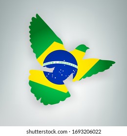 State flag of Brazil (Federative Republic of Brazil) in the shape of a bird. Flying dove flaps its wings on a gray background. Symbol of love and peace concept. Vector illustration