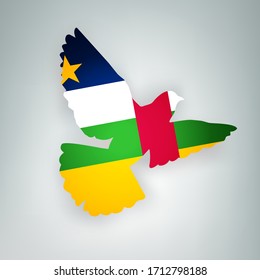 State flag of Central African Republic (CAR) in the shape of a bird. Flying dove flaps its wings on a gray background. Symbol of love and peace concept. Vector illustration