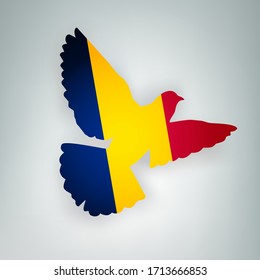 State flag of Chad (Republic of Chad) in the shape of a bird. Flying dove flaps its wings on a gray background. Symbol of love and peace concept. Vector illustration