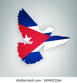 State flag of Cuba (Republic of Cuba) in the shape of a bird. Flying dove flaps its wings on a gray background. Symbol of love and peace concept. Vector illustration