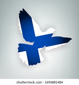 State flag of Finland (Republic of Finland) in the shape of a bird. Flying dove flaps its wings on a gray background. Symbol of love and peace concept. Vector illustration