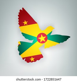 State Flag Of Grenada In The Shape Of A Bird. Flying Dove Flaps Its Wings On A Gray Background. Symbol Of Love And Peace Vector Concept. Holyday Design Banner