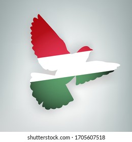 State flag of Hungary in the shape of a bird. Flying dove flaps its wings on a gray background. Symbol of love and peace concept. Vector illustration